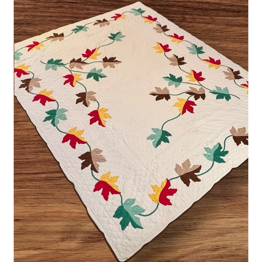 VIBRANT Vintage 40's Autumn Leaves Applique Antique‎ Quilt ~GREAT FALL COLORS! - Picture 2 of 15